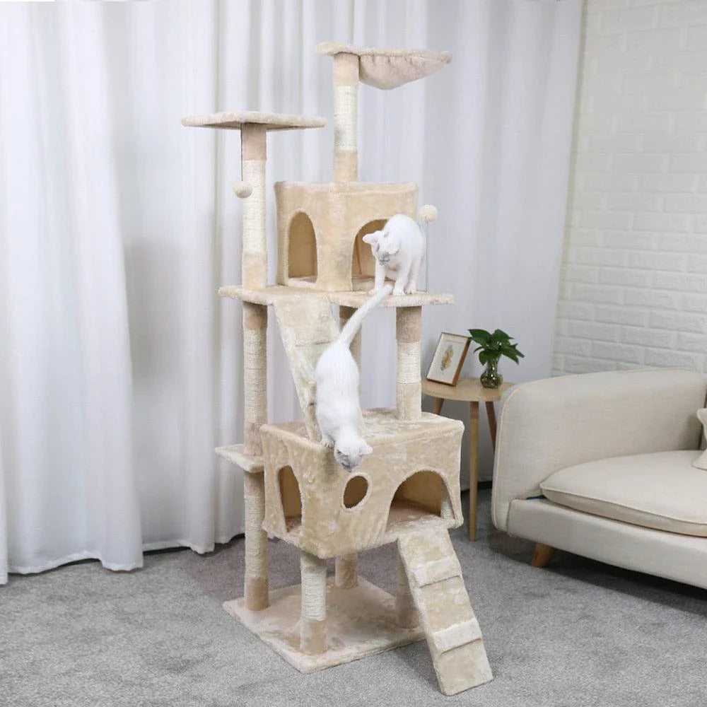 Large four-layered scratching post for cats with multiple levels and textures for scratching, lounging, and play