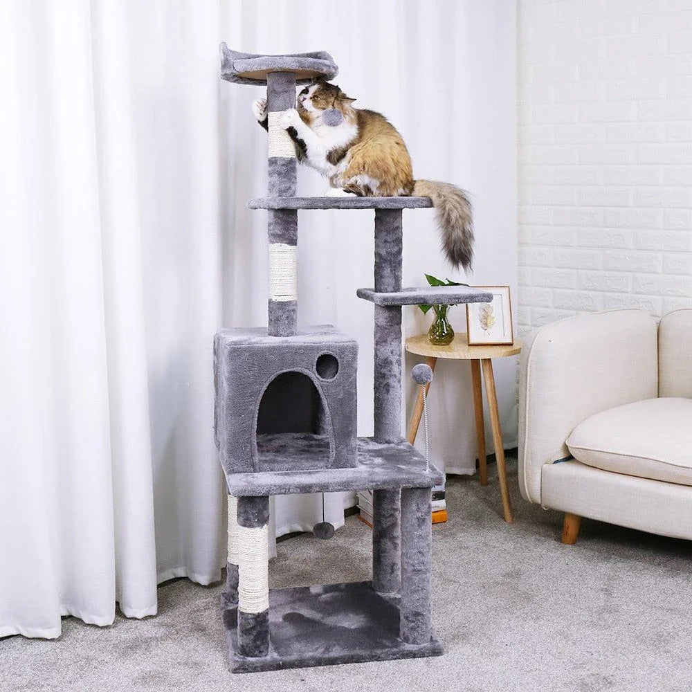 Large four-layered scratching post for cats with multiple levels and textures for scratching, lounging, and play
