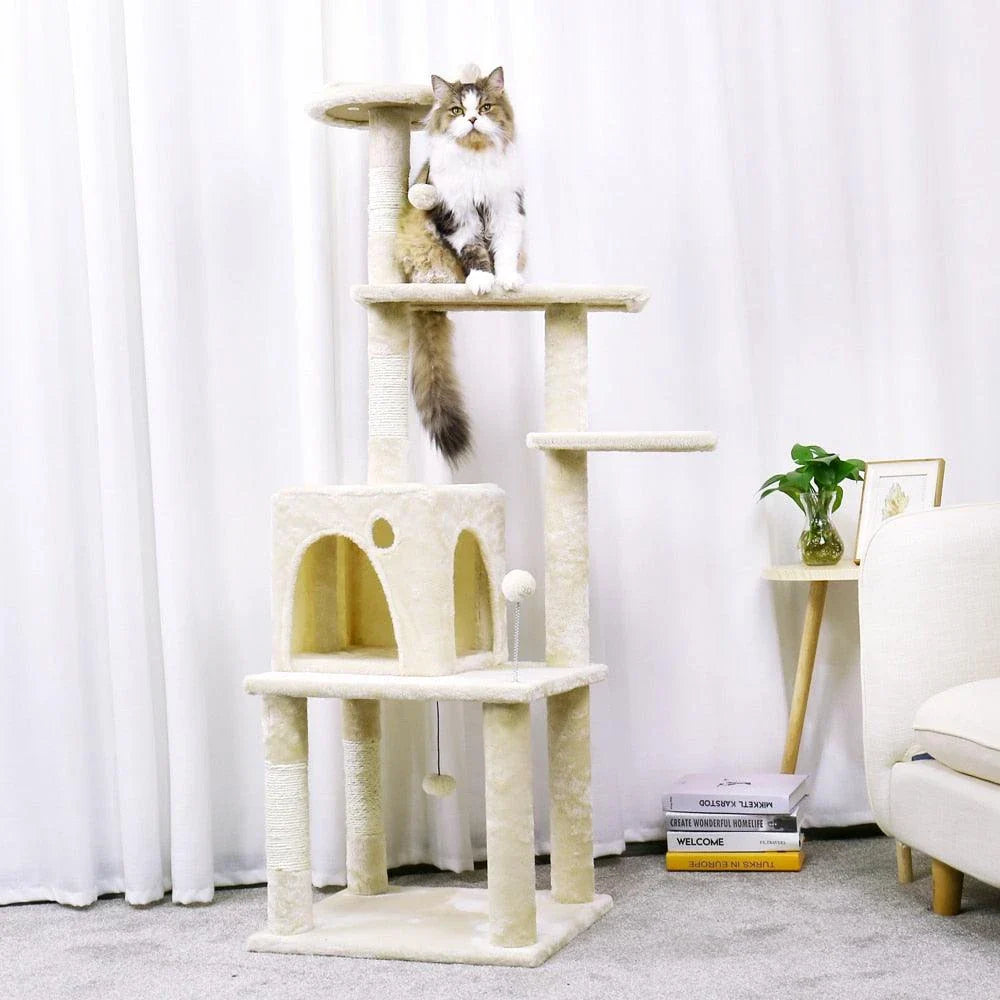 Large four-layered scratching post for cats with multiple levels and textures for scratching, lounging, and play