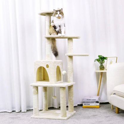 Large four-layered scratching post for cats with multiple levels and textures for scratching, lounging, and play
