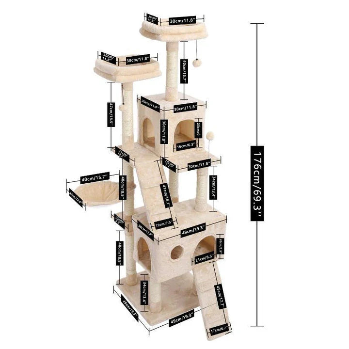 Large four-layered scratching post for cats with multiple levels and textures for scratching, lounging, and play