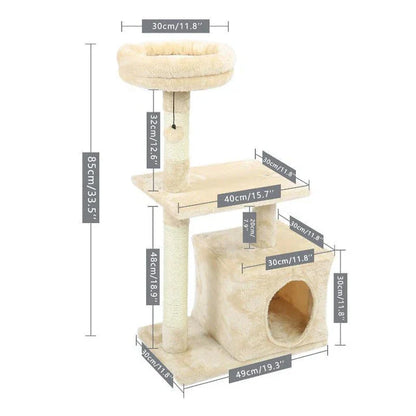 Large four-layered scratching post for cats with multiple levels and textures for scratching, lounging, and play
