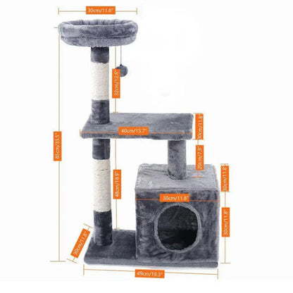 Large four-layered scratching post for cats with multiple levels and textures for scratching, lounging, and play