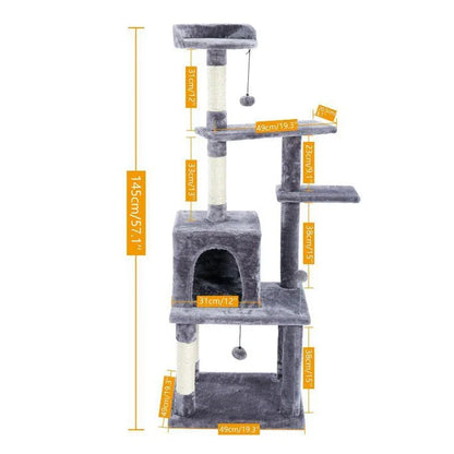 Large four-layered scratching post for cats with multiple levels and textures for scratching, lounging, and play