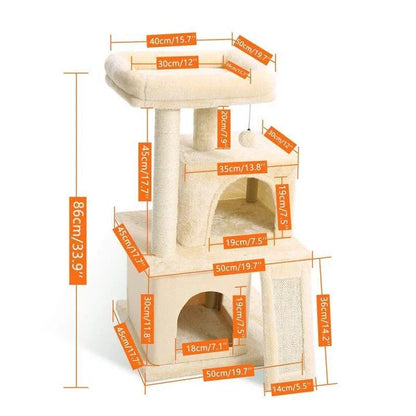 Large four-layered scratching post for cats with multiple levels and textures for scratching, lounging, and play