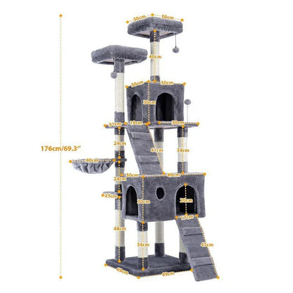 Large four-layered scratching post for cats with multiple levels and textures for scratching, lounging, and play