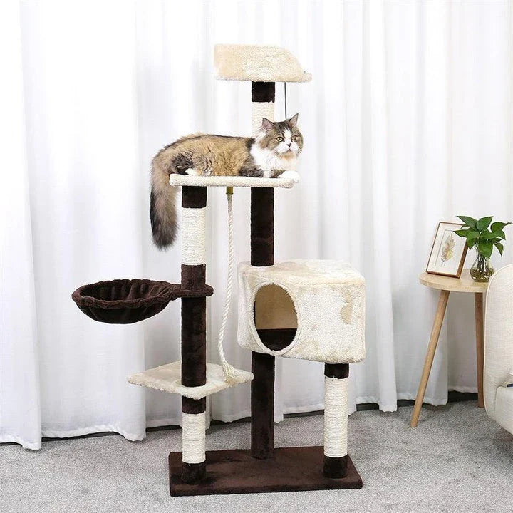 Large four-layered scratching post for cats with multiple levels and textures for scratching, lounging, and play