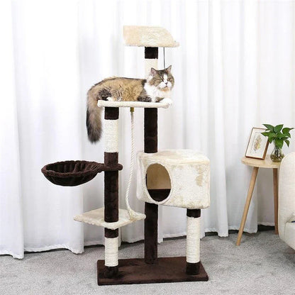 Large four-layered scratching post for cats with multiple levels and textures for scratching, lounging, and play