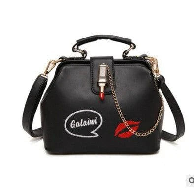 Lip Embroidered Lipstick Lock Doctor Bag - Stylish and functional fashion accessory with premium PU material and embroidered lip pattern