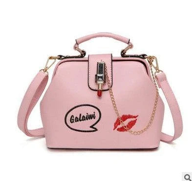Lip Embroidered Lipstick Lock Doctor Bag - Stylish and functional fashion accessory with premium PU material and embroidered lip pattern