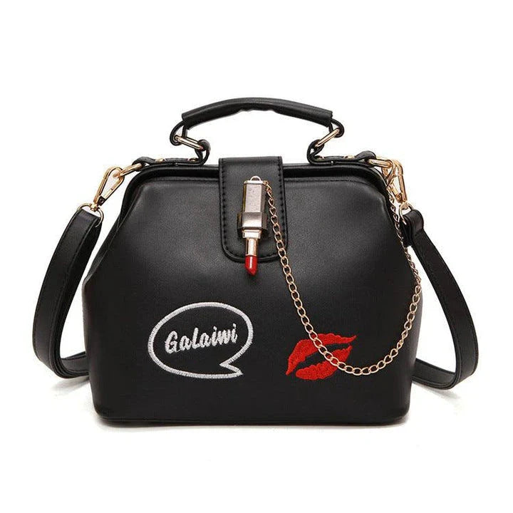 Lip Embroidered Lipstick Lock Doctor Bag - Stylish and functional fashion accessory with premium PU material and embroidered lip pattern