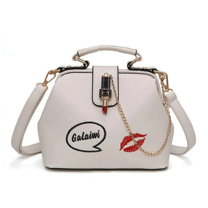Lip Embroidered Lipstick Lock Doctor Bag - Stylish and functional fashion accessory with premium PU material and embroidered lip pattern
