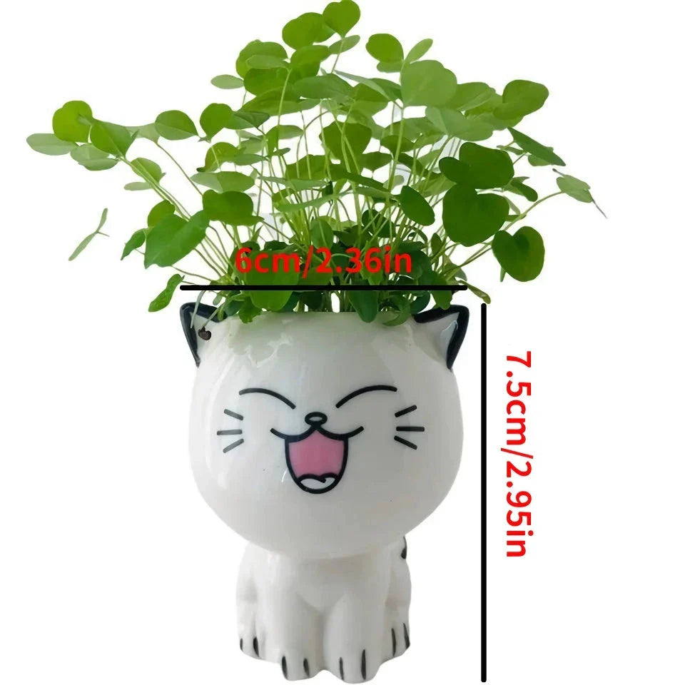 Charming mini cat-shaped ceramic plant pot with a glossy finish, perfect for adding a touch of whimsy to your indoor garden