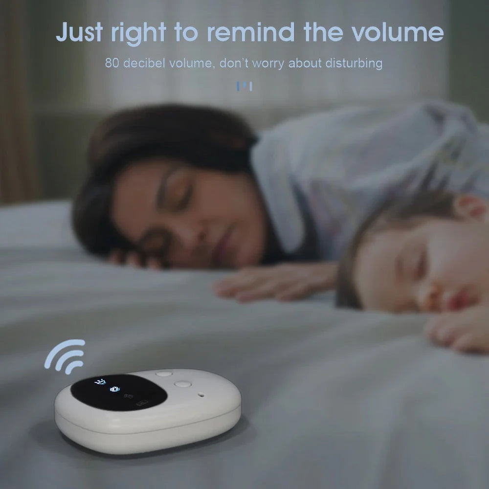 Anti-bedwetting alarm with wireless transmitter, receiver, and charging case for children and elderly users