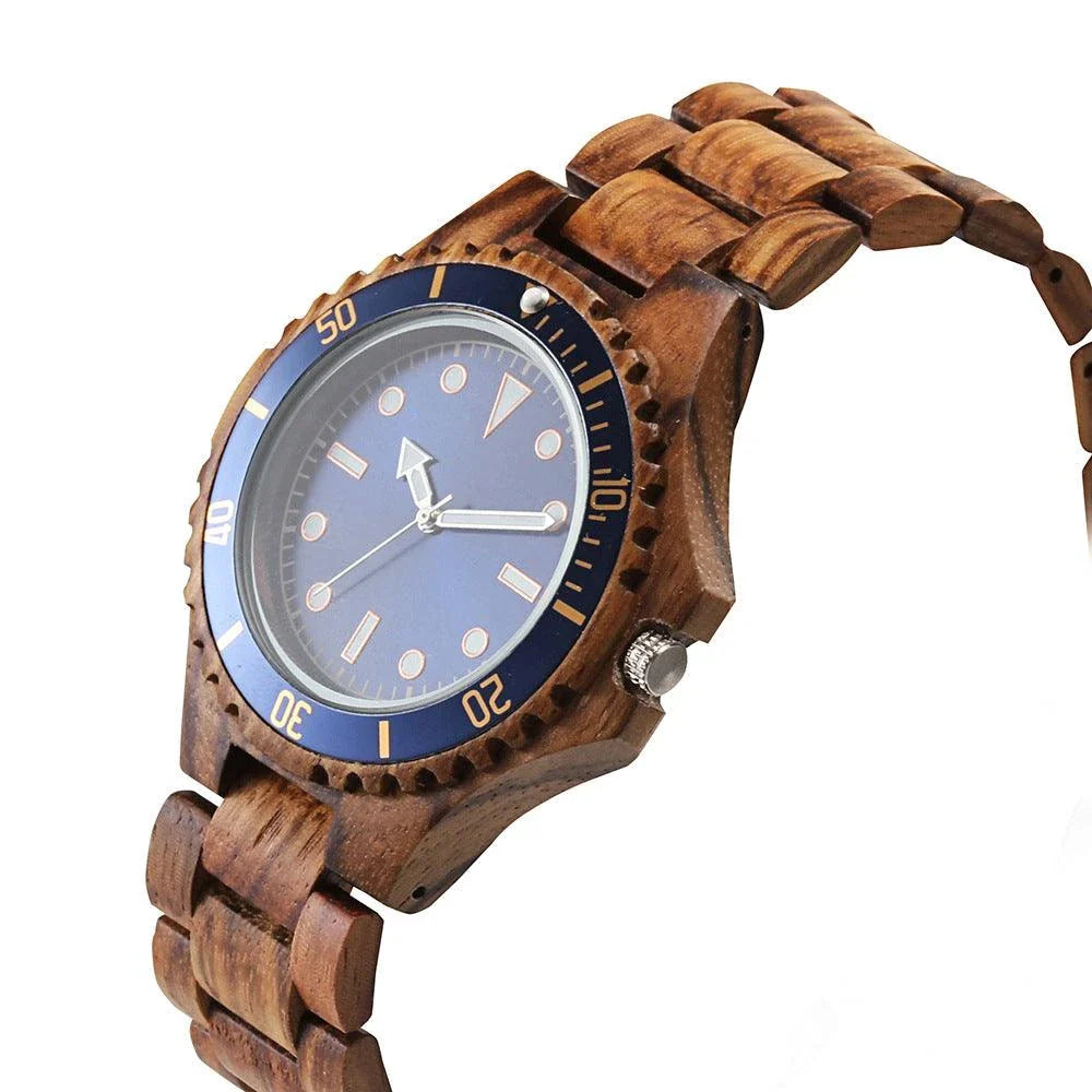 A sleek and sophisticated men's wooden watch with a quartz movement, mineral glass crystal, and leather strap
