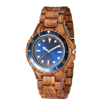 A sleek and sophisticated men's wooden watch with a quartz movement, mineral glass crystal, and leather strap