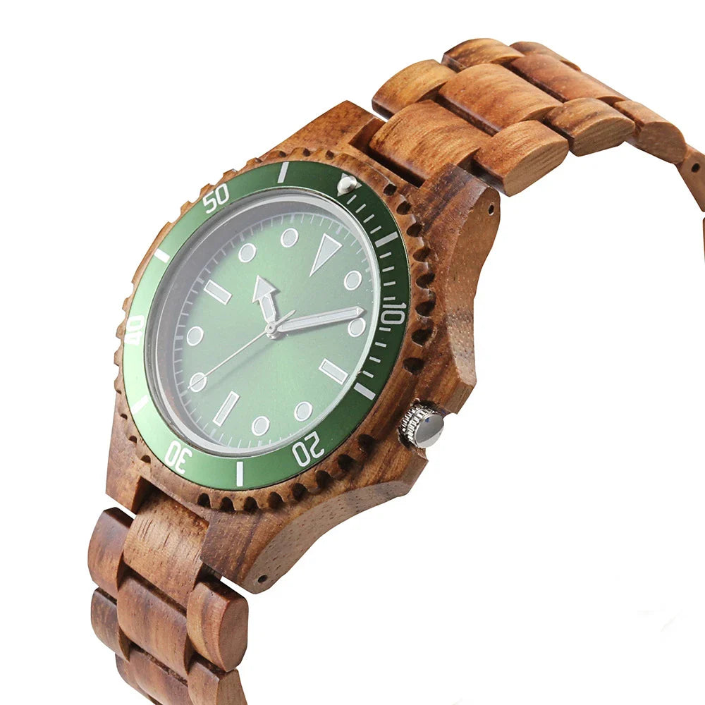 A sleek and sophisticated men's wooden watch with a quartz movement, mineral glass crystal, and leather strap