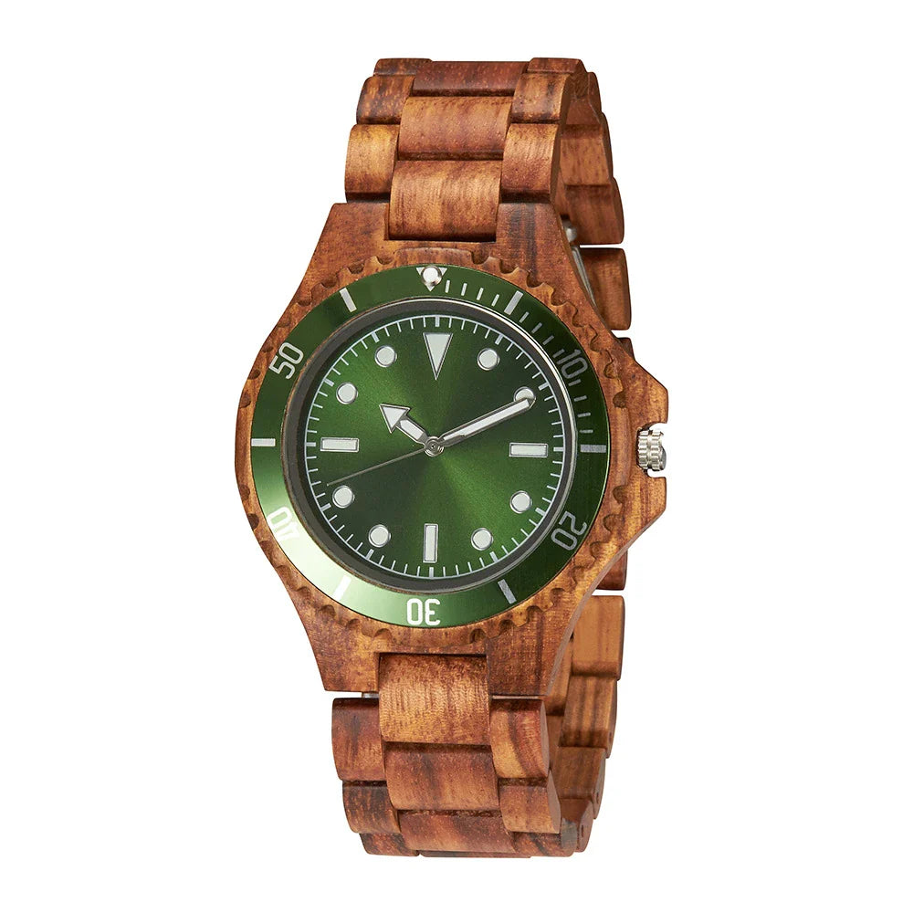 A sleek and sophisticated men's wooden watch with a quartz movement, mineral glass crystal, and leather strap