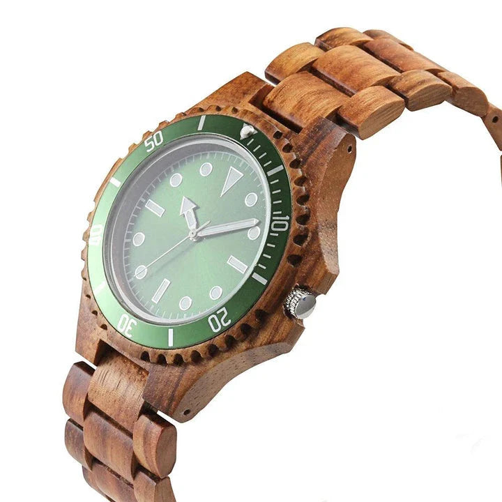 A sleek and sophisticated men's wooden watch with a quartz movement, mineral glass crystal, and leather strap