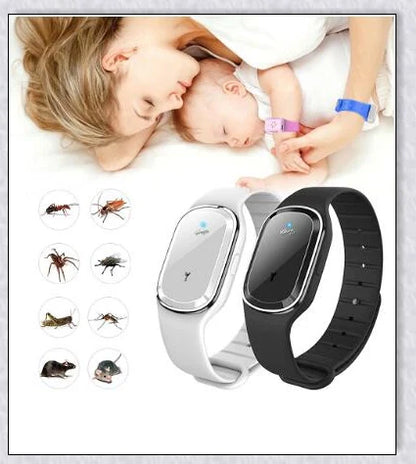 Ultrasonic mosquito repellent bracelet in black, white, and pink colors with a sleek, modern design