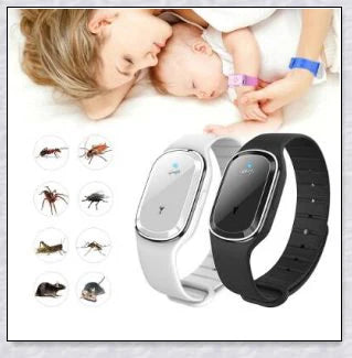 Ultrasonic mosquito repellent bracelet in black, white, and pink colors with a sleek, modern design