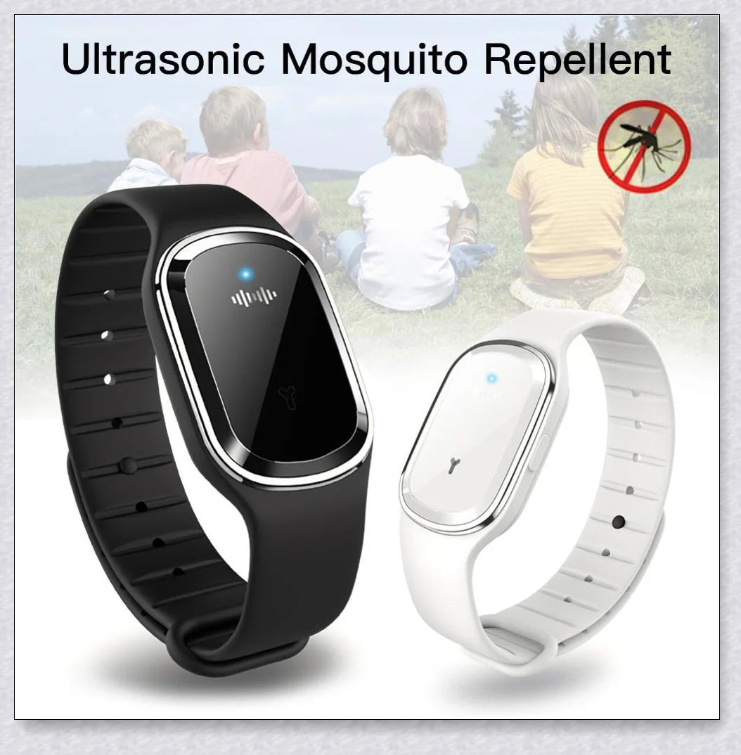 Ultrasonic mosquito repellent bracelet in black, white, and pink colors with a sleek, modern design
