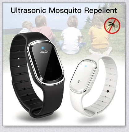 Ultrasonic mosquito repellent bracelet in black, white, and pink colors with a sleek, modern design