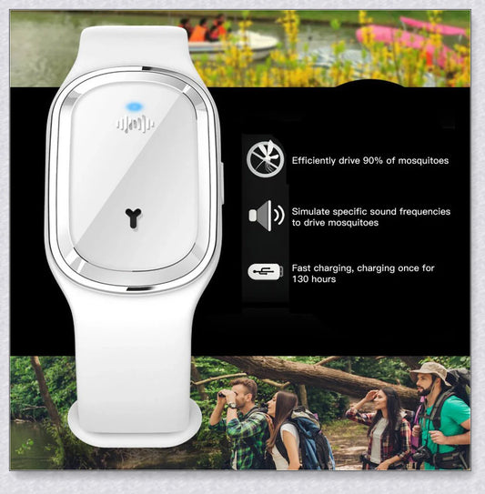 Ultrasonic mosquito repellent bracelet in black, white, and pink colors with a sleek, modern design