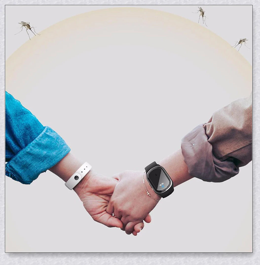 Ultrasonic mosquito repellent bracelet in black, white, and pink colors with a sleek, modern design