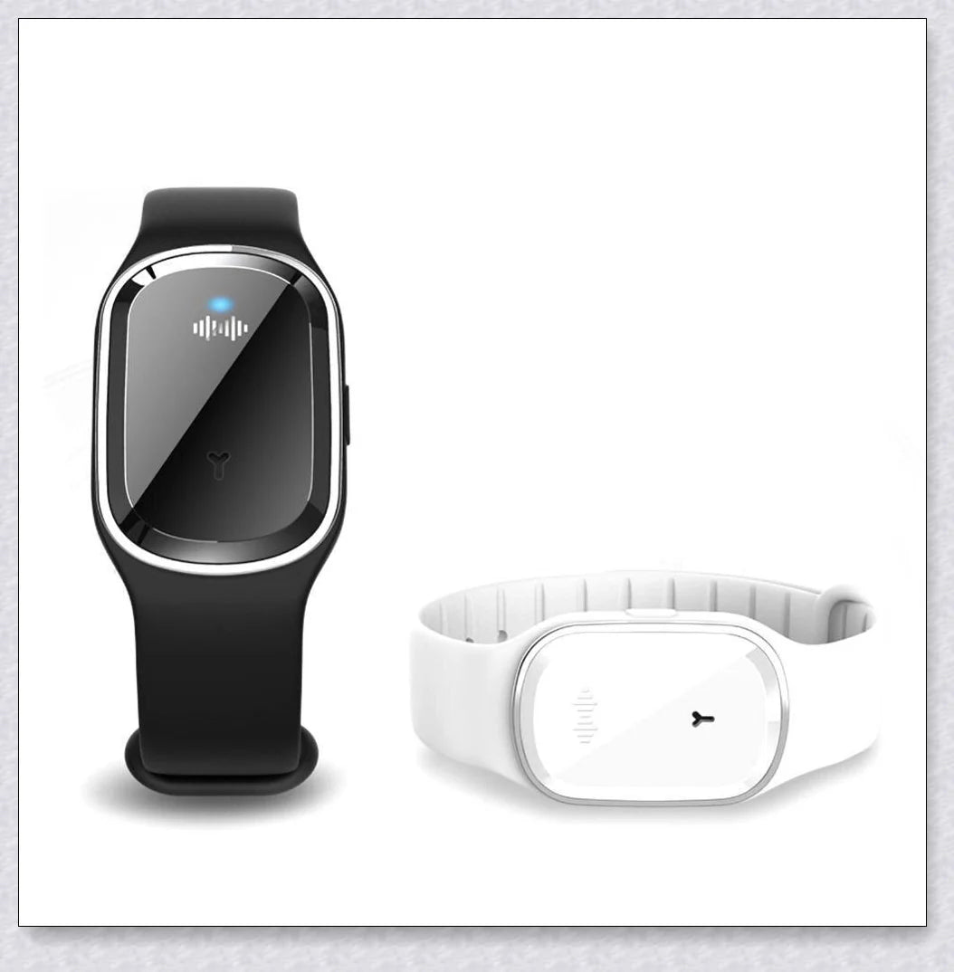 Ultrasonic mosquito repellent bracelet in black, white, and pink colors with a sleek, modern design