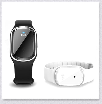 Ultrasonic mosquito repellent bracelet in black, white, and pink colors with a sleek, modern design