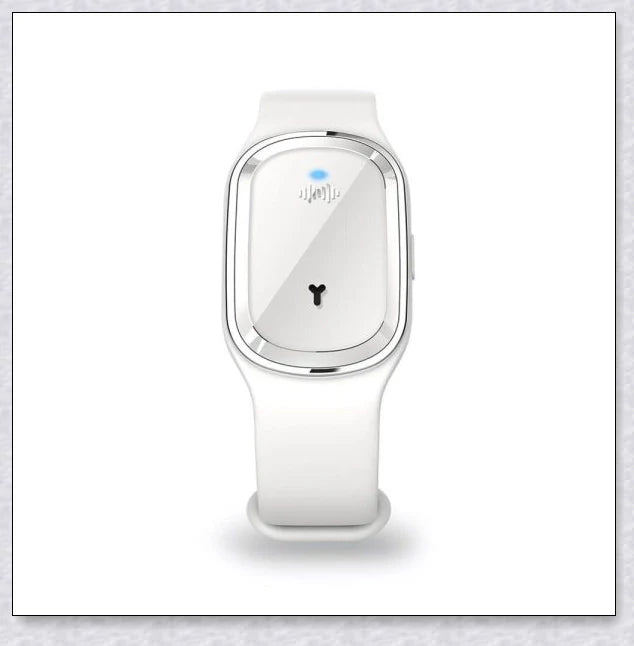 Ultrasonic mosquito repellent bracelet in black, white, and pink colors with a sleek, modern design