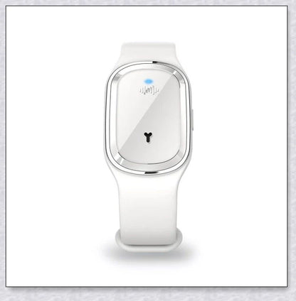 Ultrasonic mosquito repellent bracelet in black, white, and pink colors with a sleek, modern design