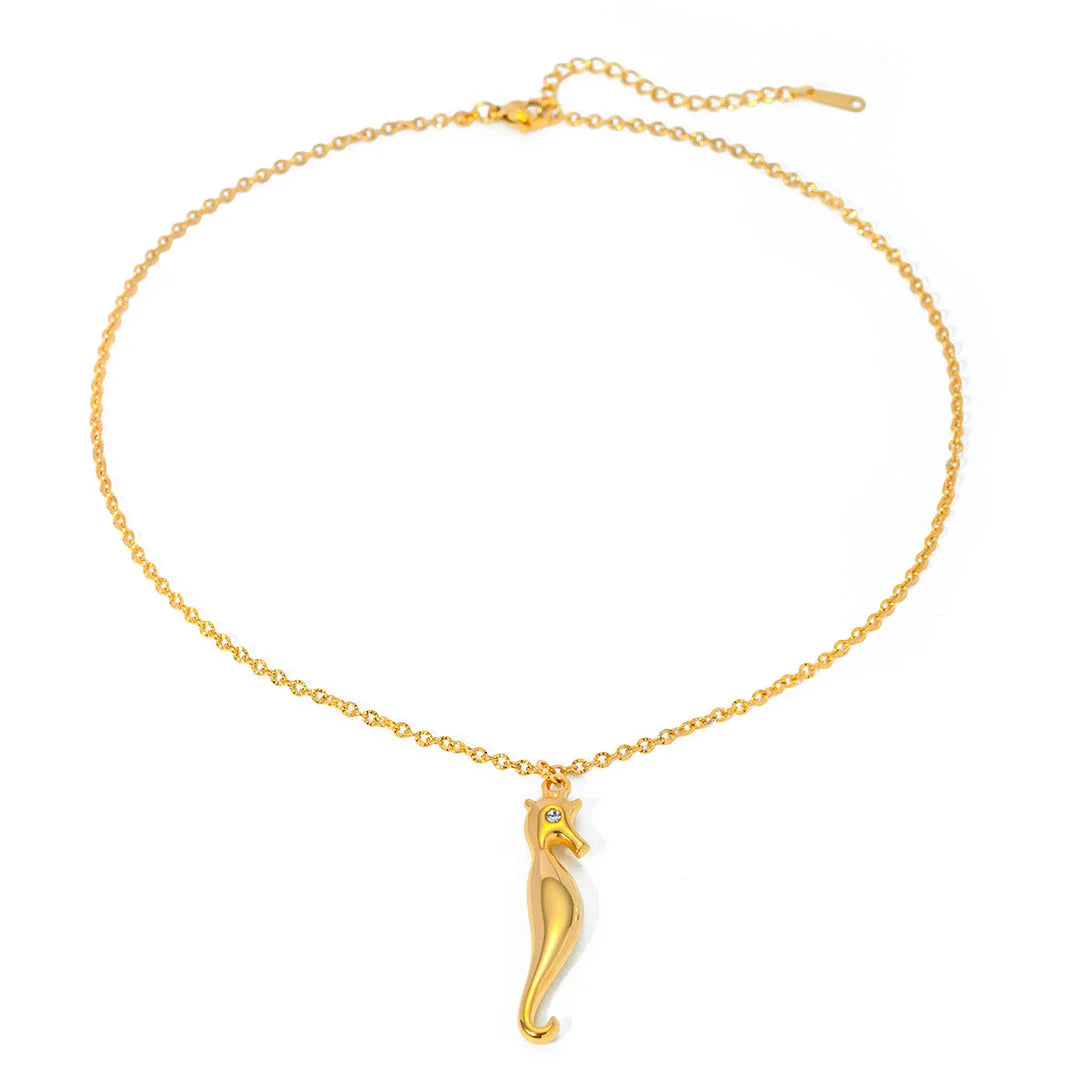 18K gold plated stainless steel pendant necklace featuring a charming seahorse design with sparkling rhinestones