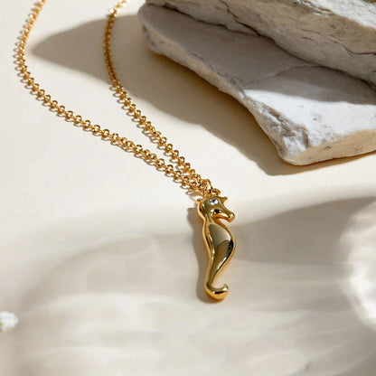 18K gold plated stainless steel pendant necklace featuring a charming seahorse design with sparkling rhinestones