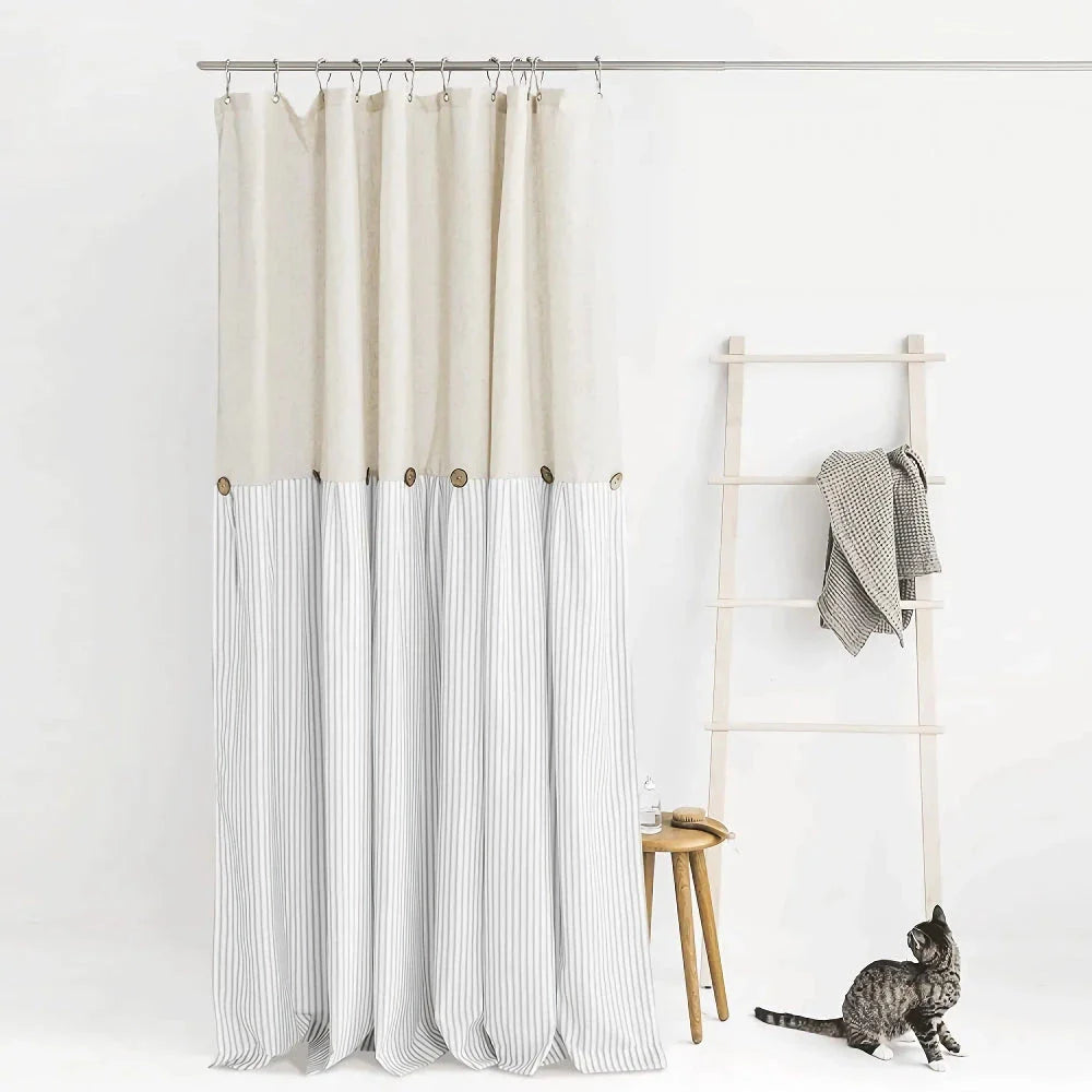 Elegant Linen Button Shower Curtain with Charming Grey Stripe Design and Waterproof Lower Part