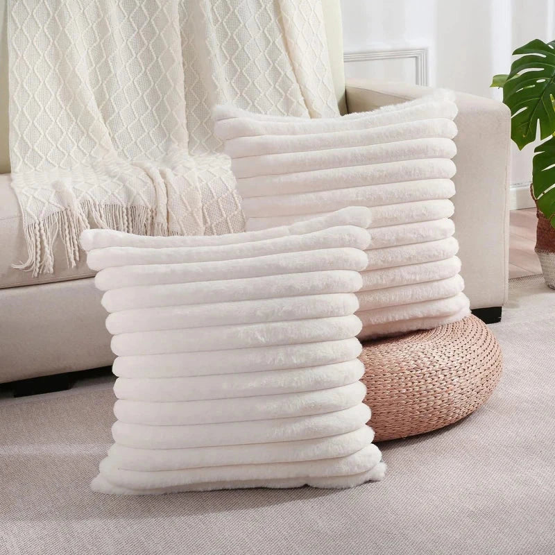 Luxury Faux Rabbit Fur Cushion Cover in a variety of solid colors, including white, apricot, grey, green, and pink