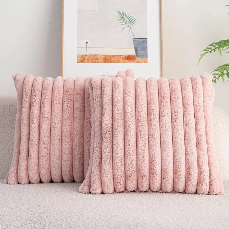 Luxury Faux Rabbit Fur Cushion Cover in a variety of solid colors, including white, apricot, grey, green, and pink