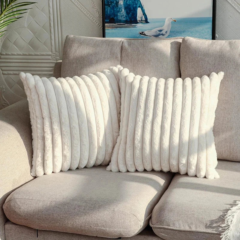 Luxury Faux Rabbit Fur Cushion Cover in a variety of solid colors, including white, apricot, grey, green, and pink