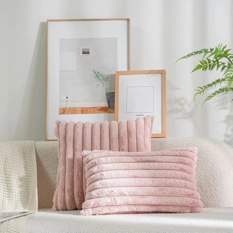 Luxury Faux Rabbit Fur Cushion Cover in a variety of solid colors, including white, apricot, grey, green, and pink