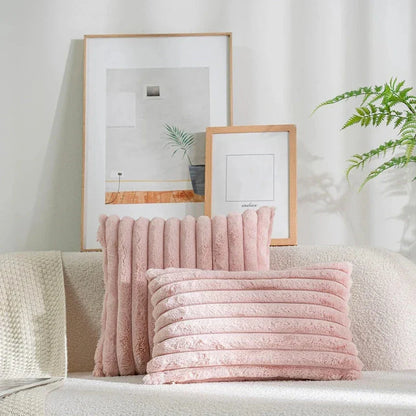 Luxury Faux Rabbit Fur Cushion Cover in a variety of solid colors, including white, apricot, grey, green, and pink