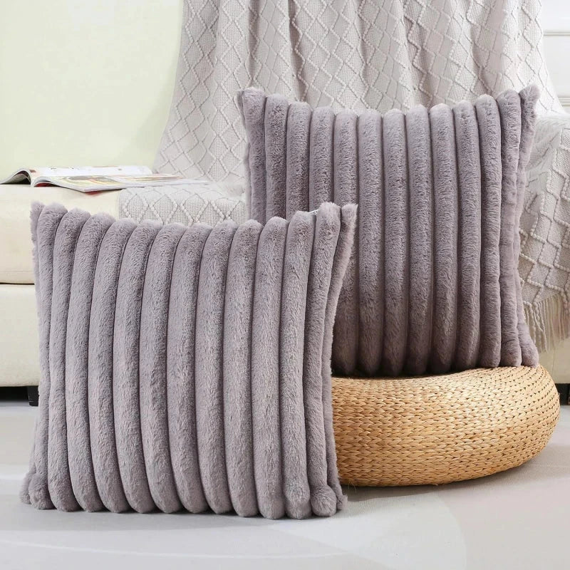Luxury Faux Rabbit Fur Cushion Cover in a variety of solid colors, including white, apricot, grey, green, and pink