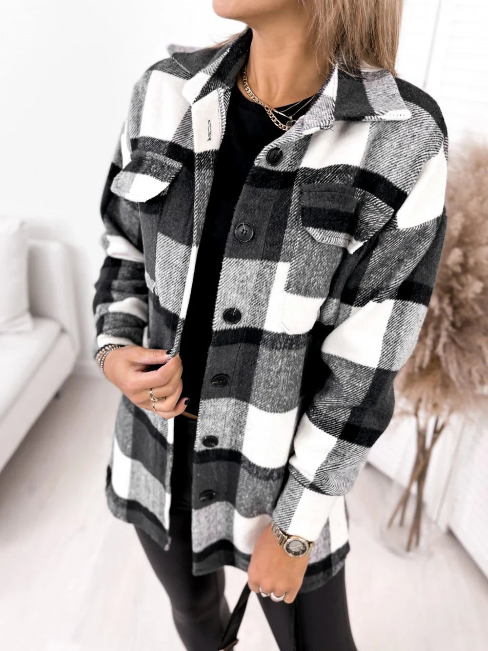 Long-sleeved single-breasted plaid print shirt collar woolen jacket in black, apricot, and blue colors