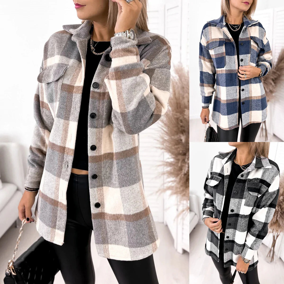 Long-sleeved single-breasted plaid print shirt collar woolen jacket in black, apricot, and blue colors