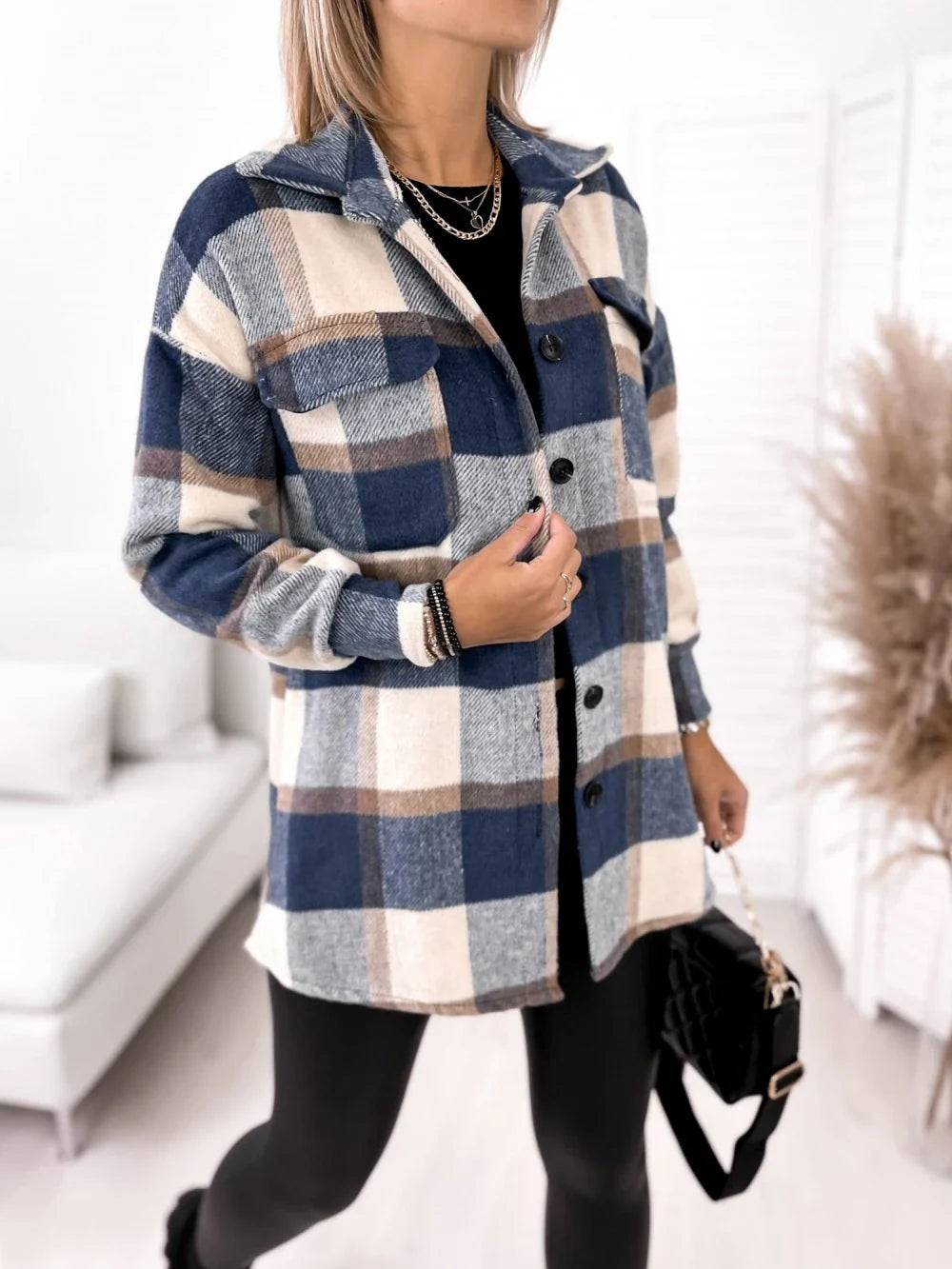 Long-sleeved single-breasted plaid print shirt collar woolen jacket in black, apricot, and blue colors