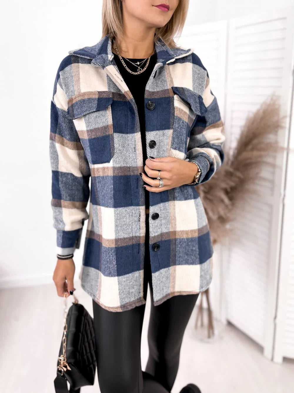 Long-sleeved single-breasted plaid print shirt collar woolen jacket in black, apricot, and blue colors
