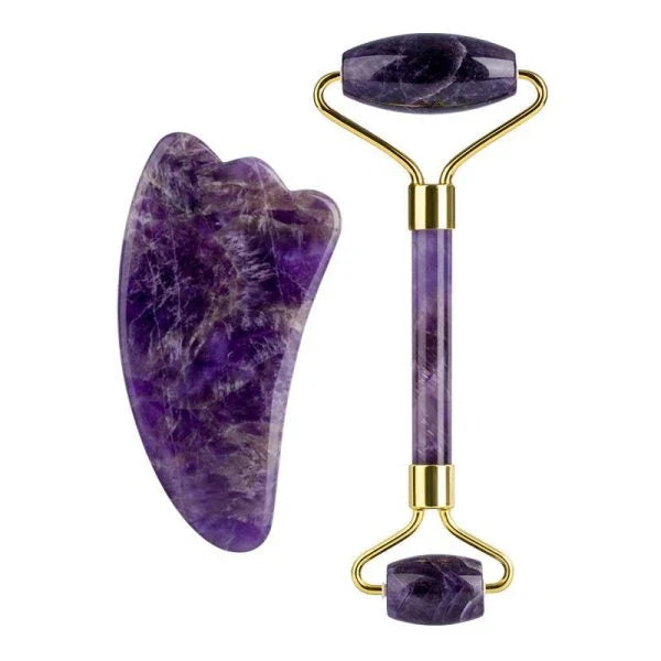 Single and double-headed amethyst roller massager for relaxation and skin rejuvenation