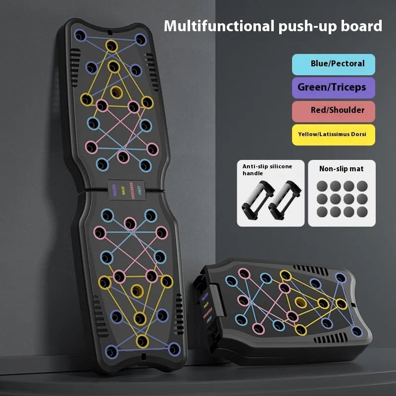 Set of black ABS plastic push up support plates on a floor, fitness equipment for chest and arm training.