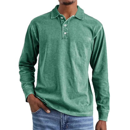 Retro washed distressed cotton lapel long sleeve polo shirt in various colours and sizes