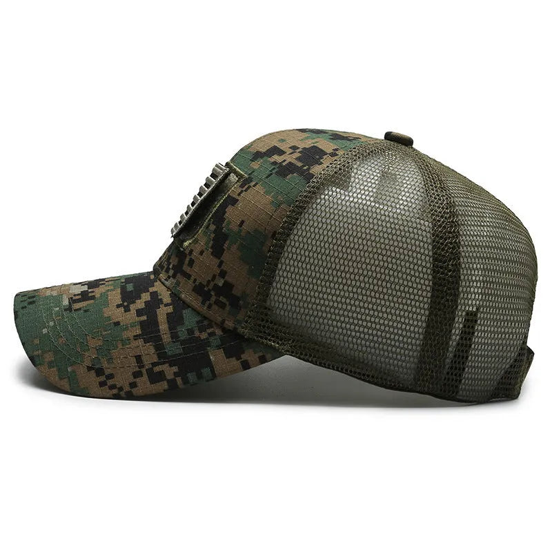 Tactical camouflage baseball cap with adjustable sizing and dome crown